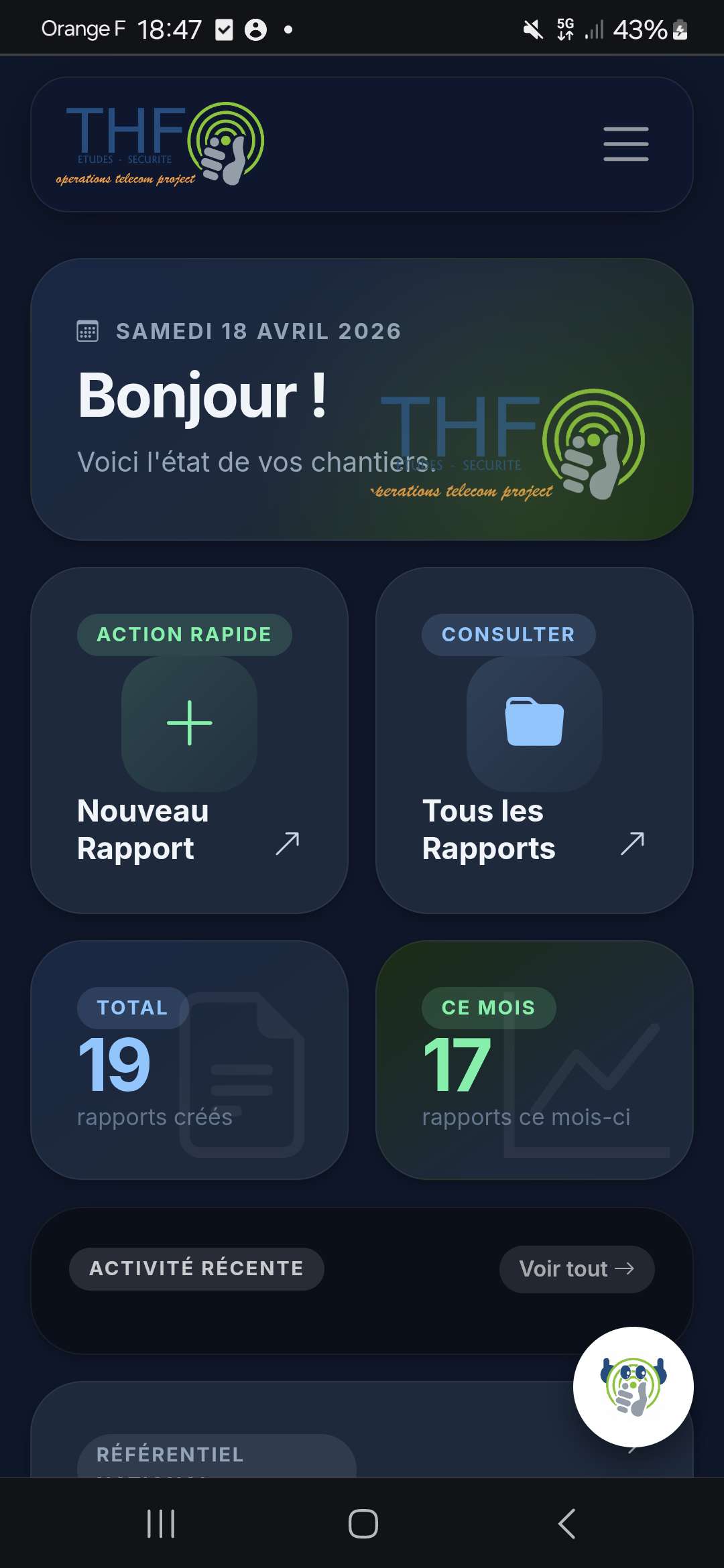 Dashboard mobile — mode sombre